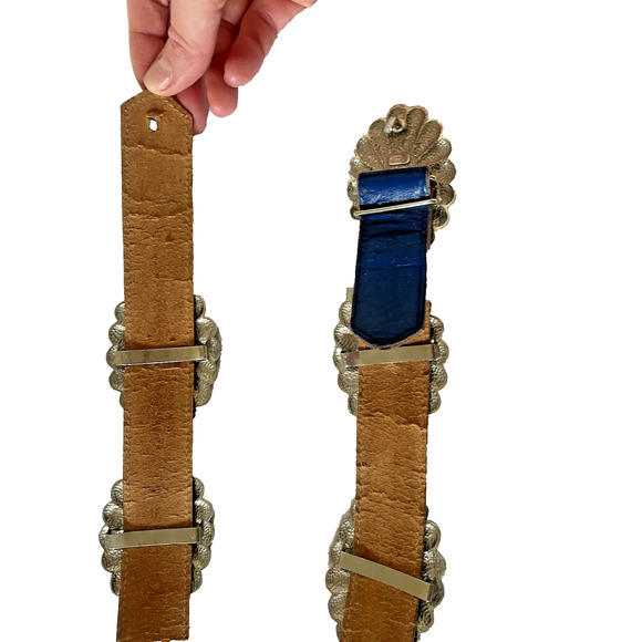 VTG Rare 33" 80s ACCESSOCRAFT NYC Glass Cab 5 Concho Buckle Blue Leather Belt - Picture 10 of 16